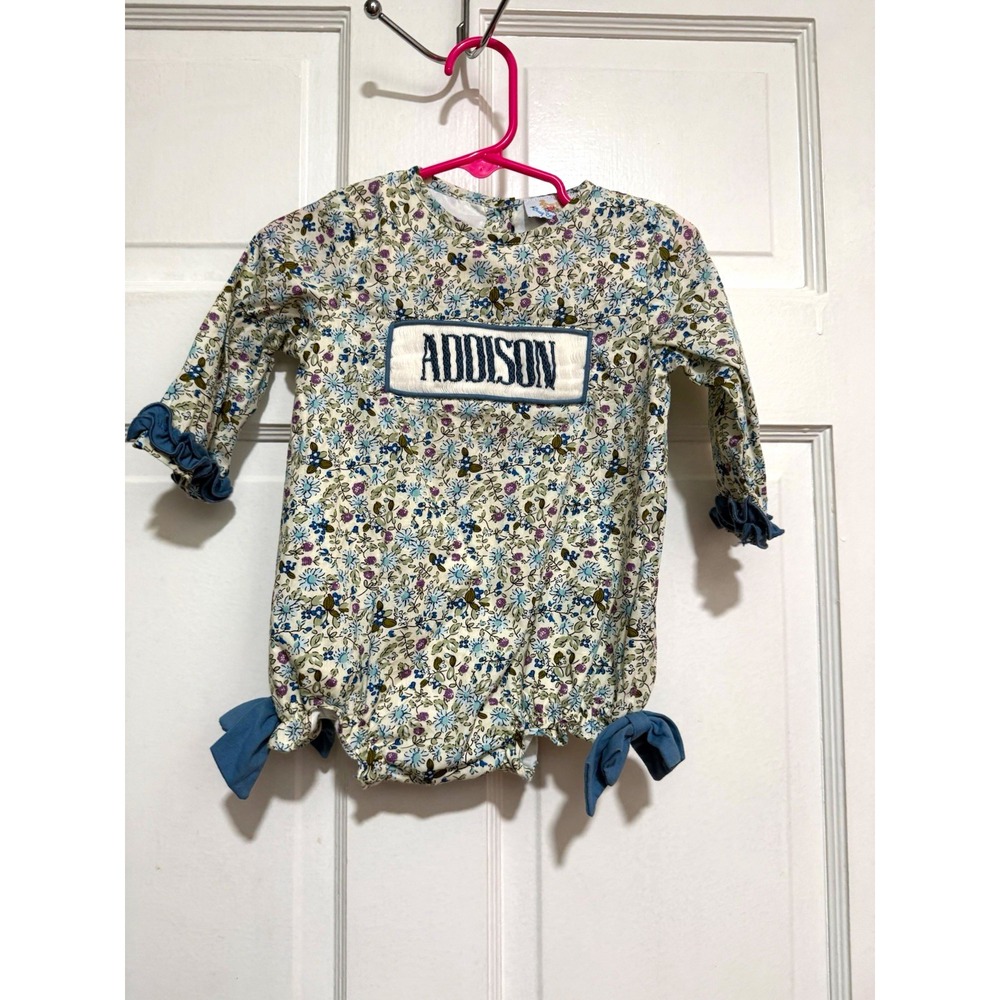 "Addison" Monogrammed Smocked Floral Outfit Size 6M Blue Green Purple Bows